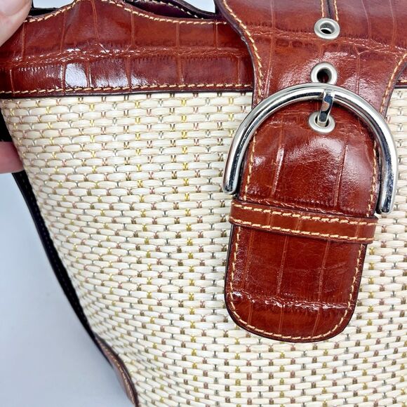 NWT MC Marc Chantal Shoulder Bag Brown Leather Trim Woven Straw Nickel Hardware - Picture 5 of 16